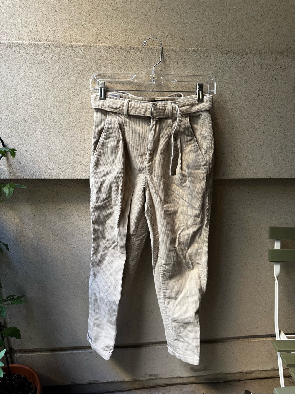 Express Corduroy Paperbag Waist Pants with Belt in Beige Size 0